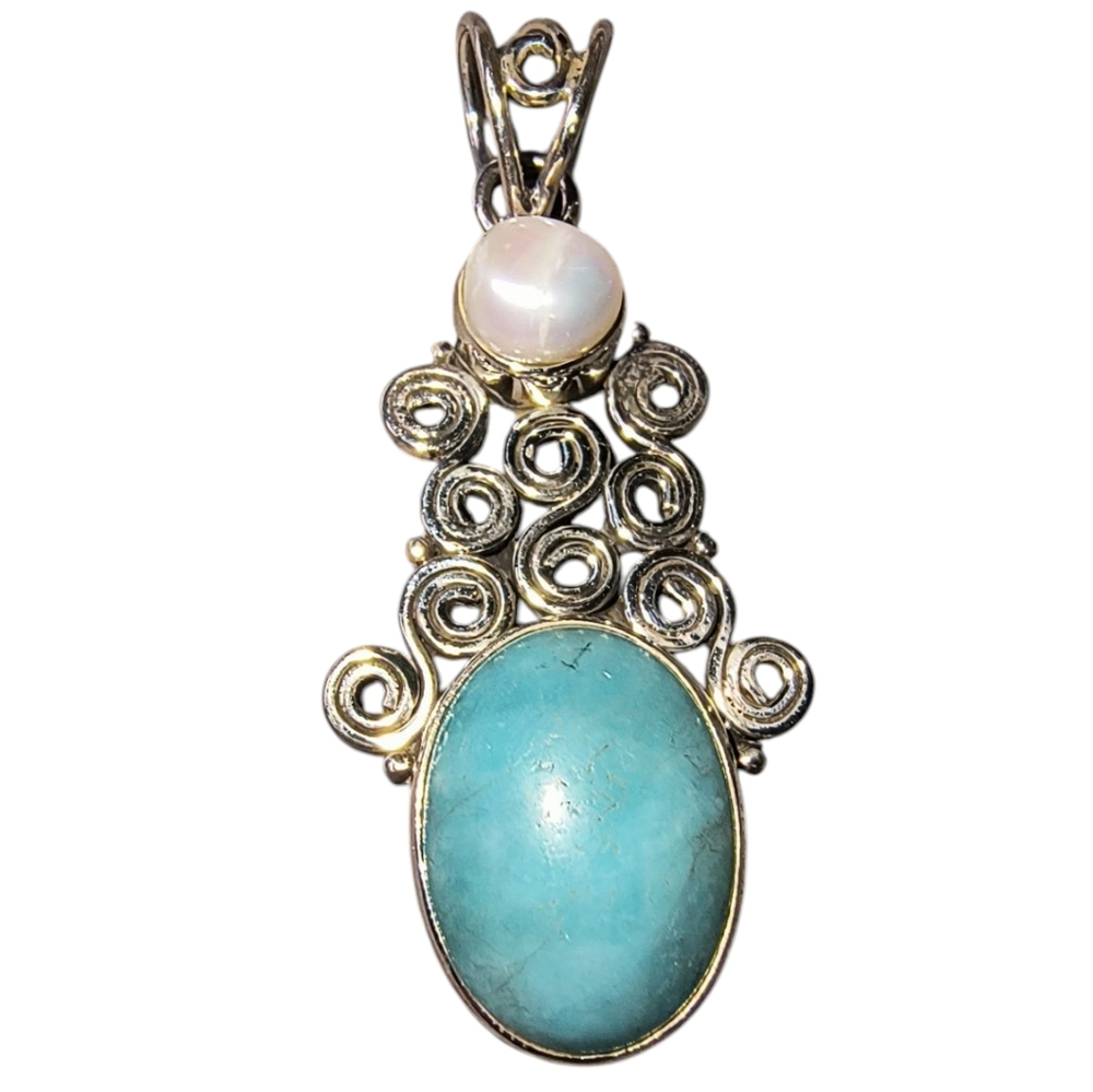 Peruvian Amazonite, Pearl & Sterling Silver Artisan Pendant